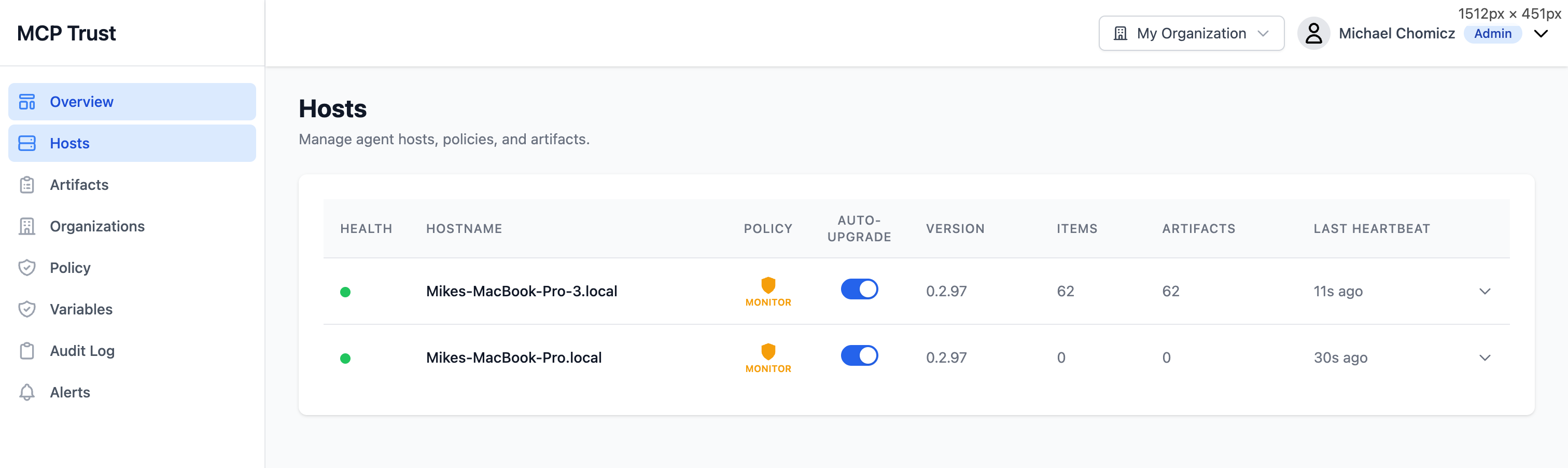 Hosts list showing all machines running the Truvant agent with health, policy, and version columns