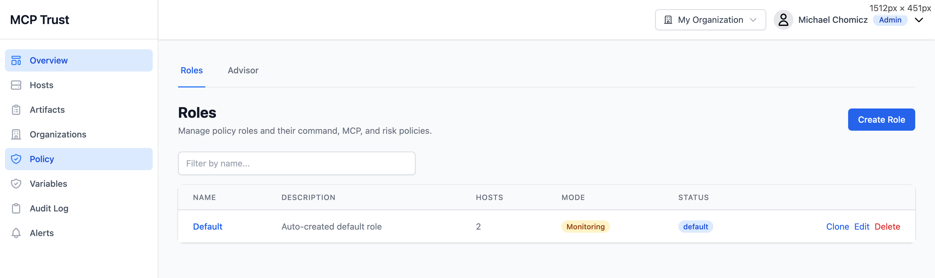 Policy roles list showing enforcement profiles with name, host count, mode, and status columns