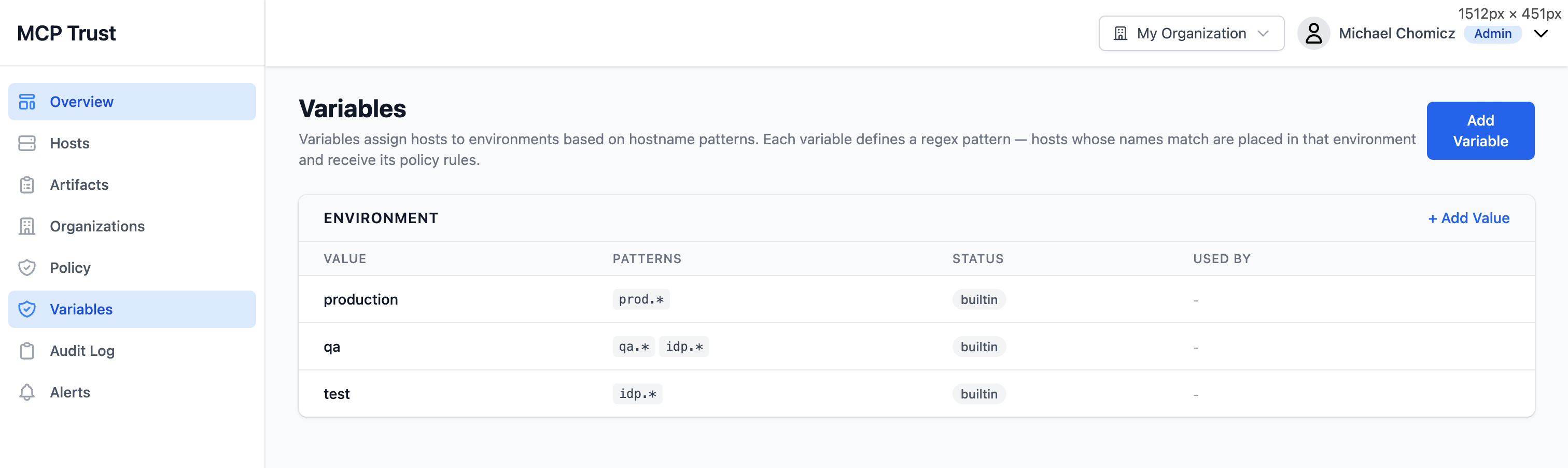 Variables page showing environment pattern assignments with value, hostname regex patterns, status, and usage count