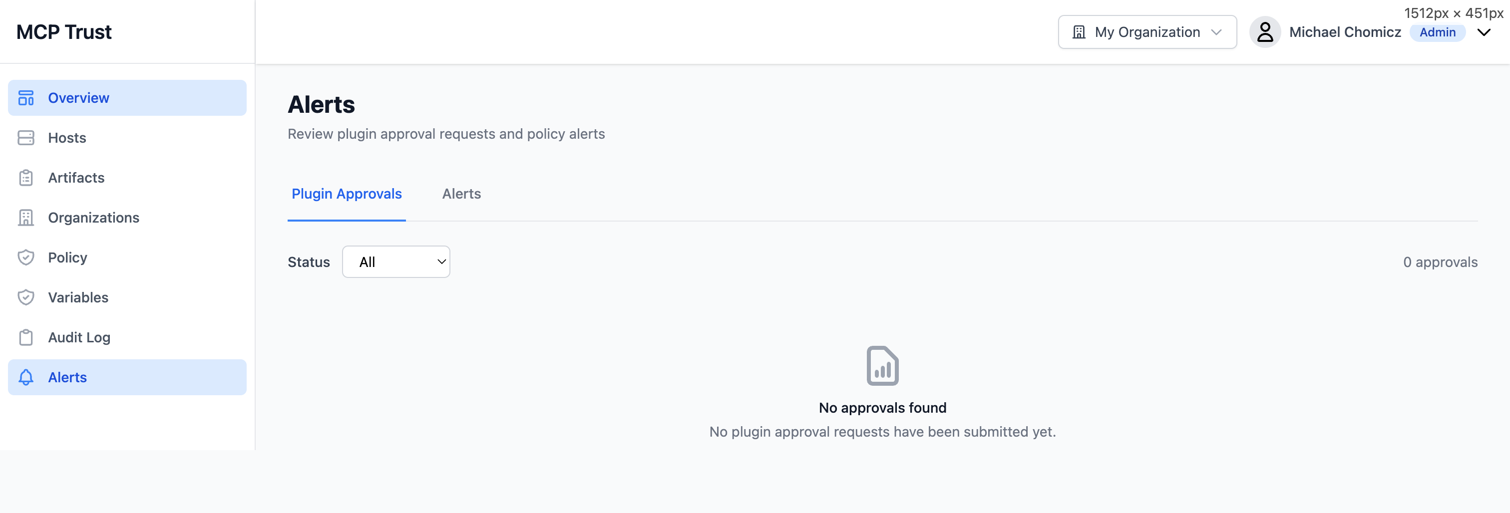 Alerts page showing plugin approval requests and policy-triggered alerts with severity, host, description, and action buttons