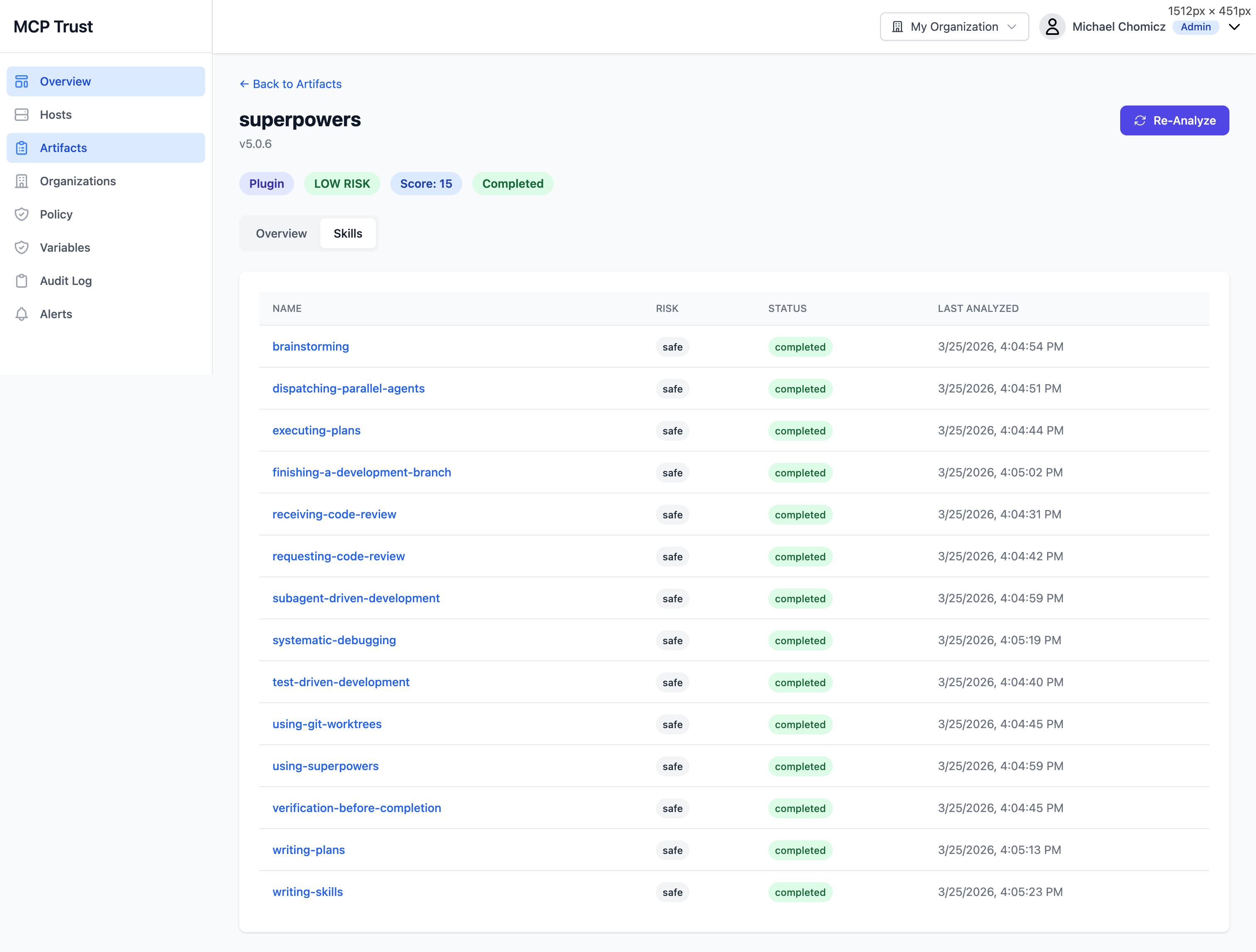 Skills analysis tab showing per-skill risk breakdown with name, risk rating, status, and last analyzed timestamp