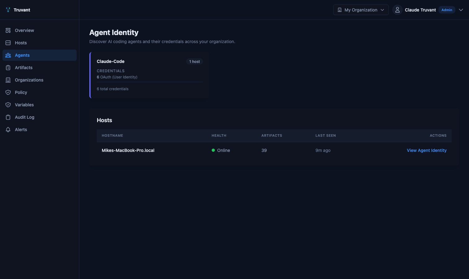Agent Identity page showing detected AI coding agents with their credentials and associated hosts