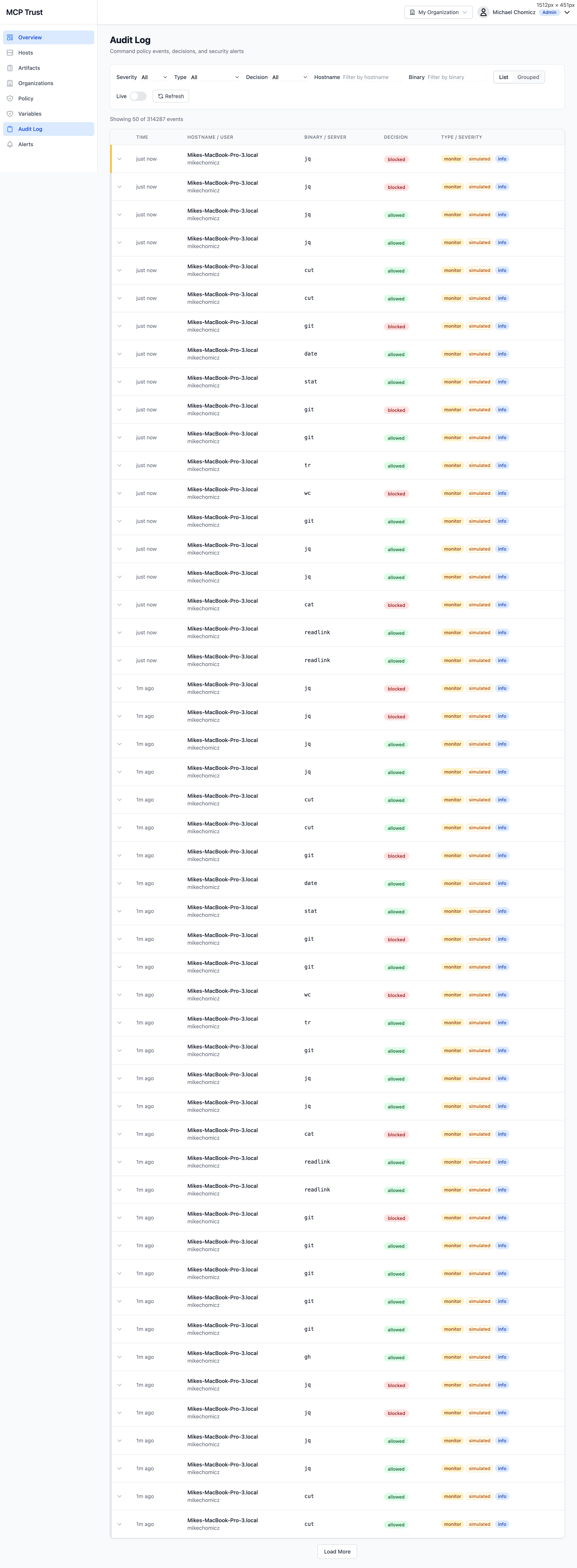 Audit log showing timeline of agent commands with decisions and matched policy rules