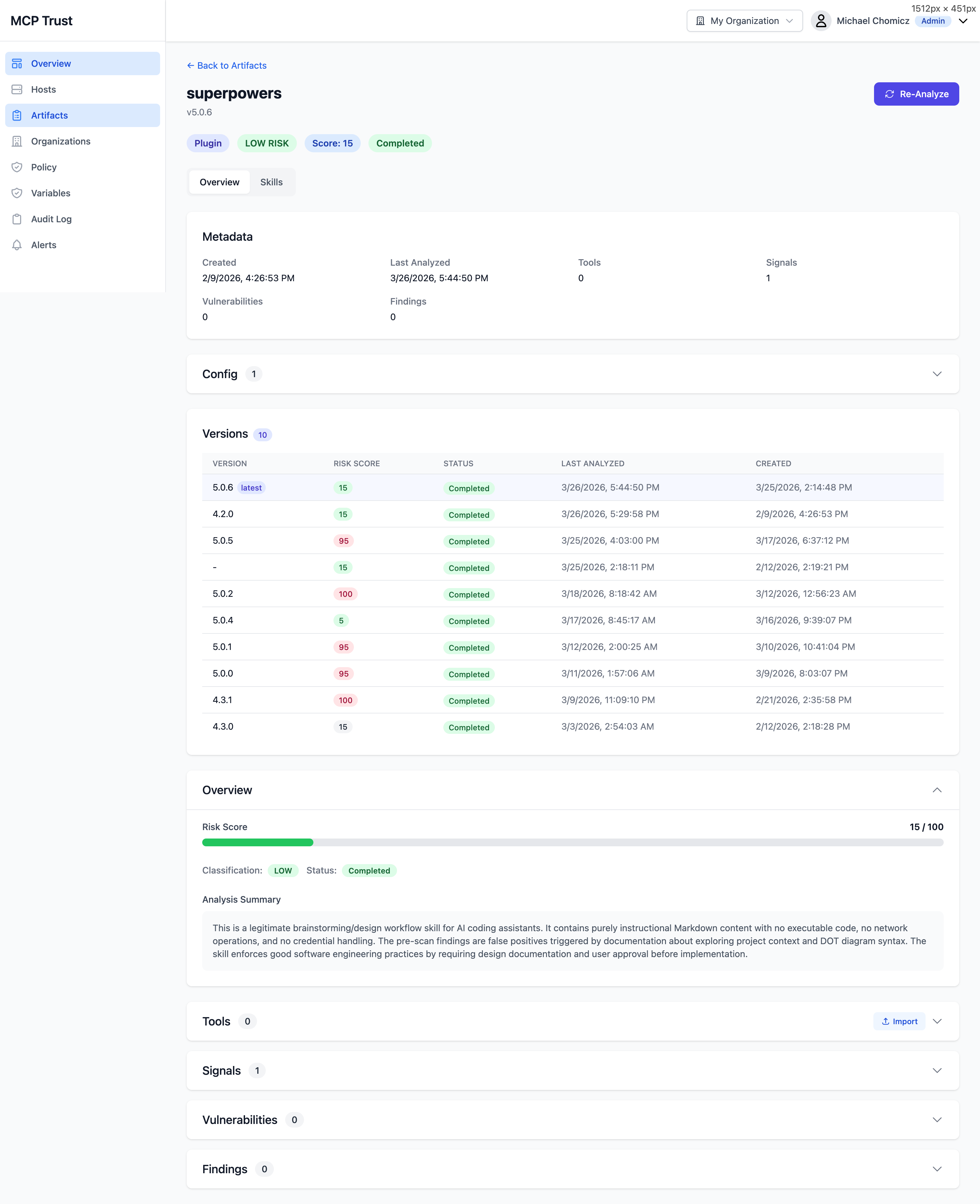 Artifact detail page showing risk score, version history, and AI-generated analysis summary