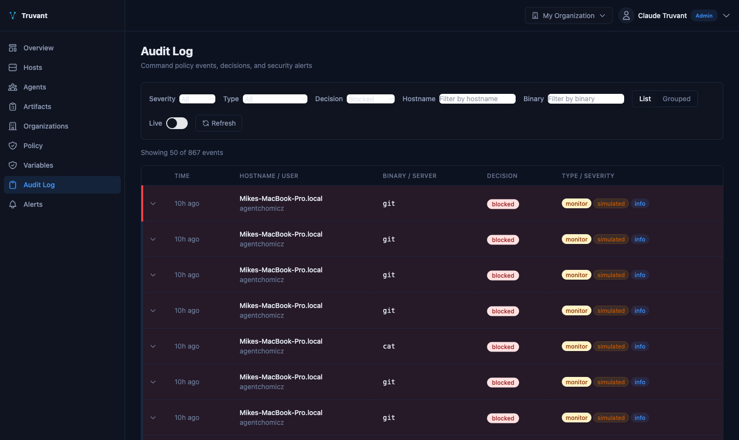 Filtered audit log showing blocked agent commands with severity levels and policy decisions