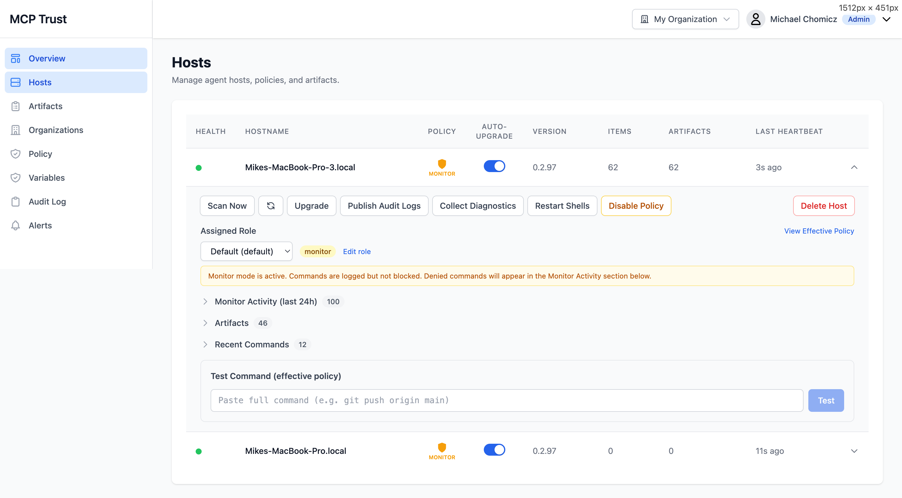 Host detail panel with scan actions, policy management, and command testing