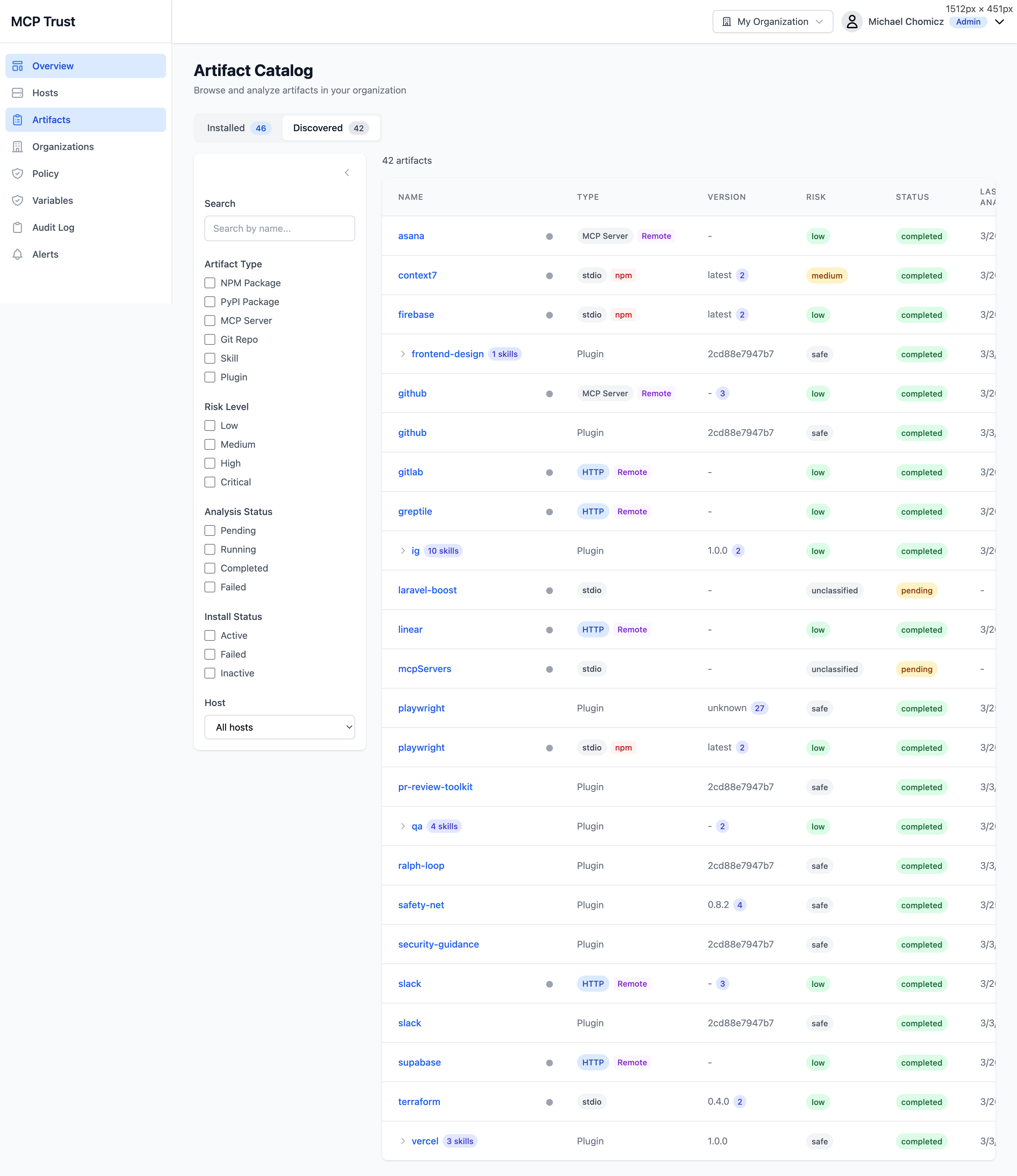 Discovered artifacts showing remote MCP servers and packages detected across the fleet