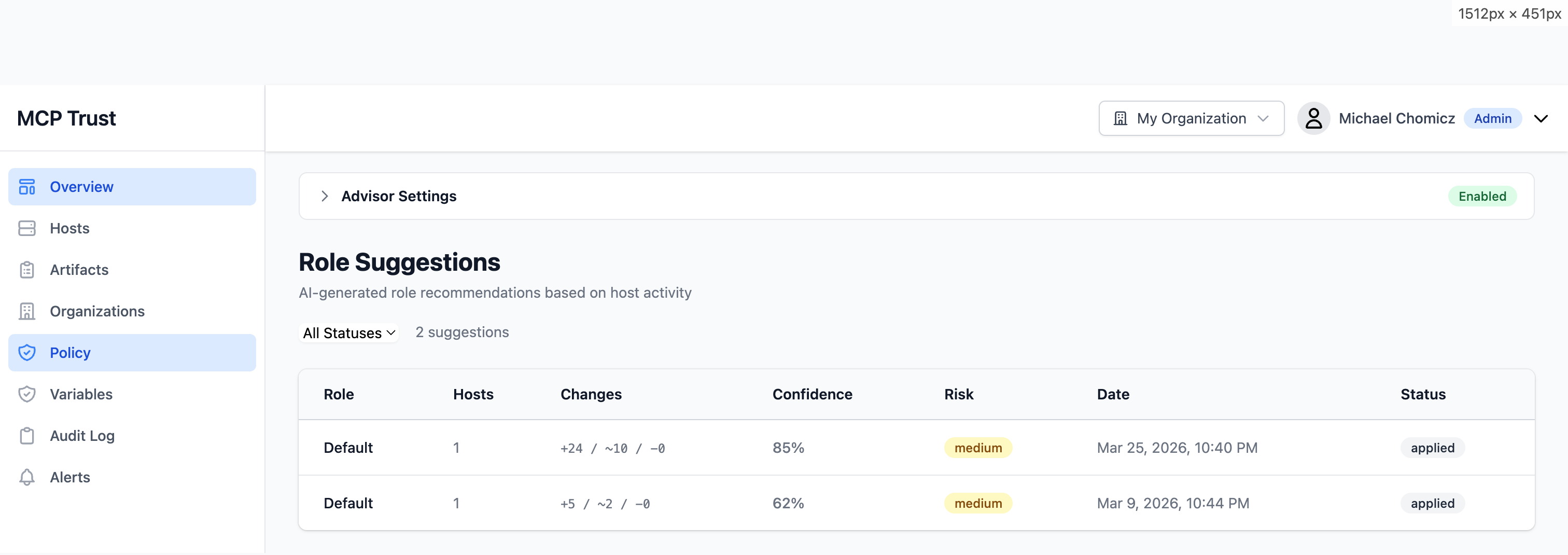 Policy Advisor showing AI-generated role suggestions with confidence scores, change counts, and risk levels