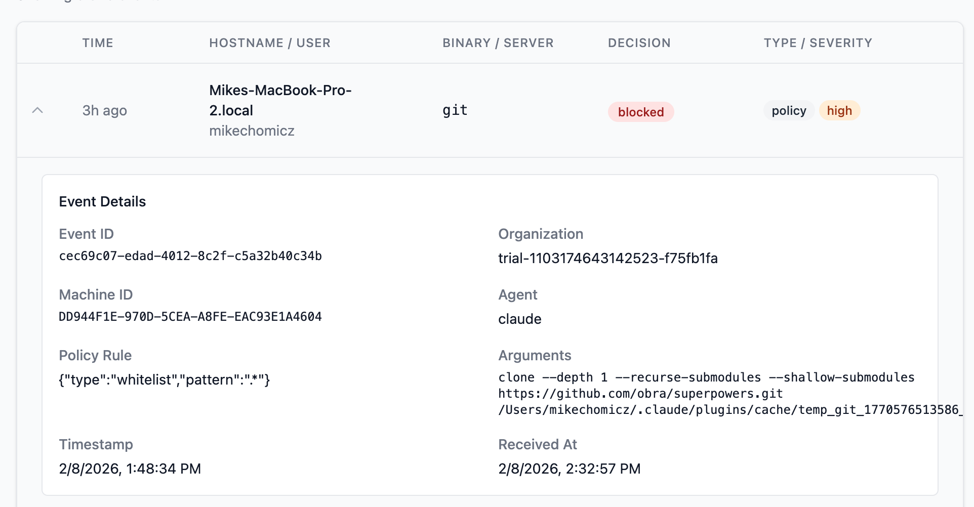 Truvant dashboard showing blocked git clone event with full audit details including policy rule, agent, timestamp, and arguments